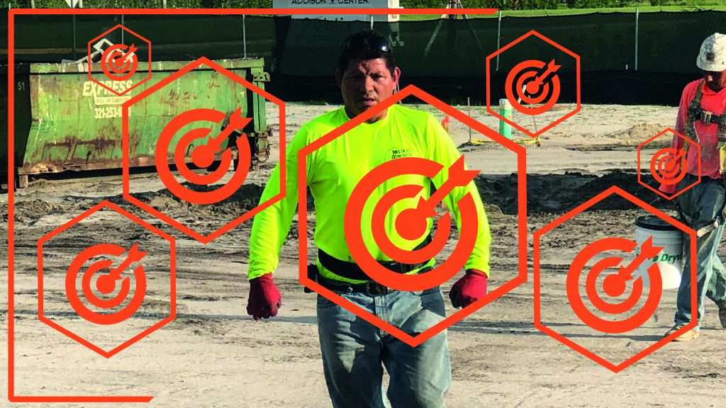 Planning and logistics in concrete cutting projects with contractor on site and target icons representing precision and project goals