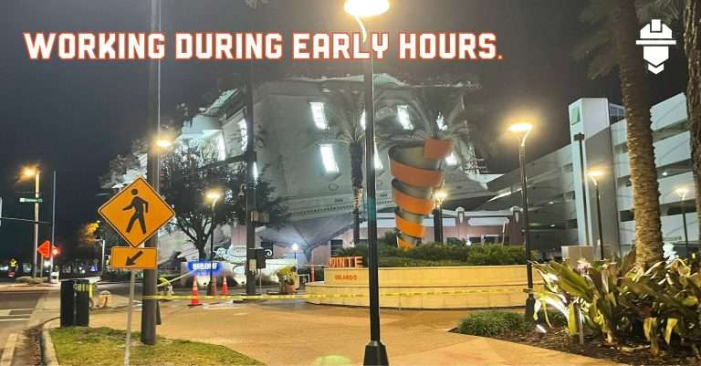 early morning commercial construction work at Pointe Orlando to reduce disruption for shoppers and tenants