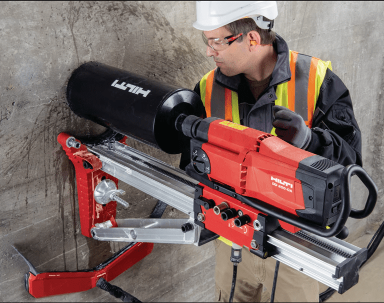 Hilti DD 250 core drilling machine creating precise openings in reinforced concrete for commercial construction projects
