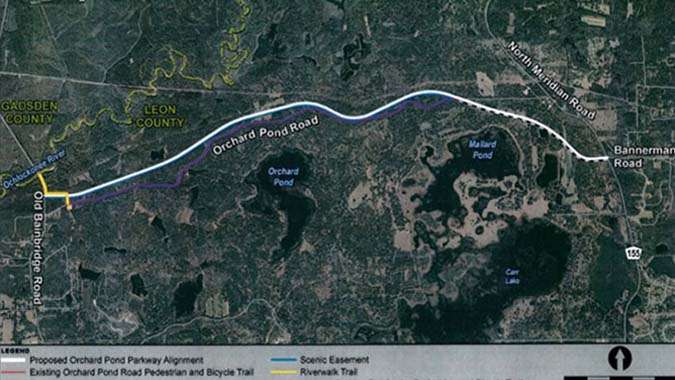 Satellite map of Orchard Pond Parkway in Florida highlighting a roadway built with recycled concrete