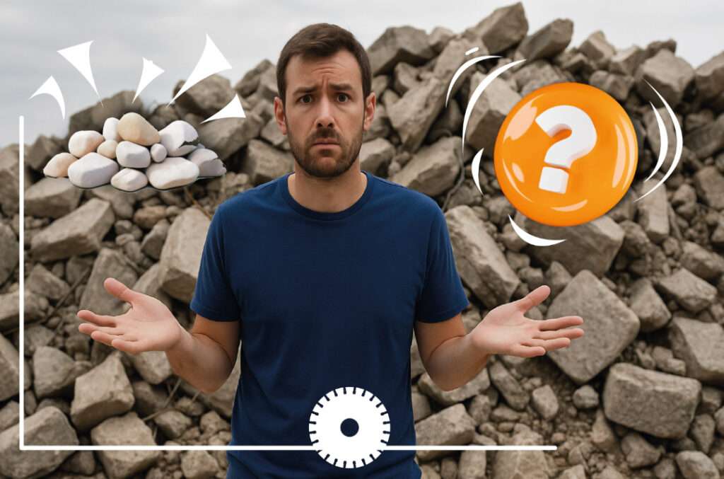 Person in front of a pile of broken concrete with a question mark icon representing what to do with extracted concrete