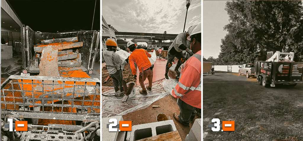 Professional team performing concrete slab cutting with safety equipment